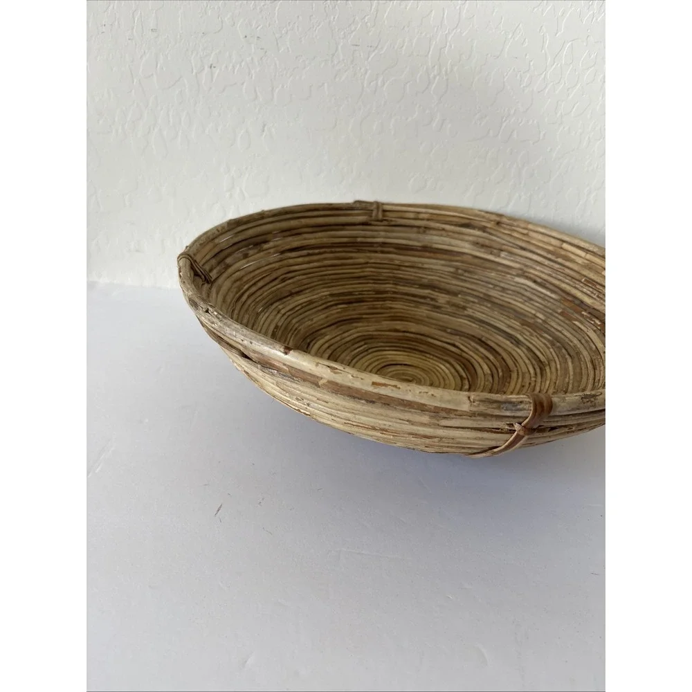 Vintage 60s MCM Pencil Reed Bamboo Rattan Bowl Basket Large
